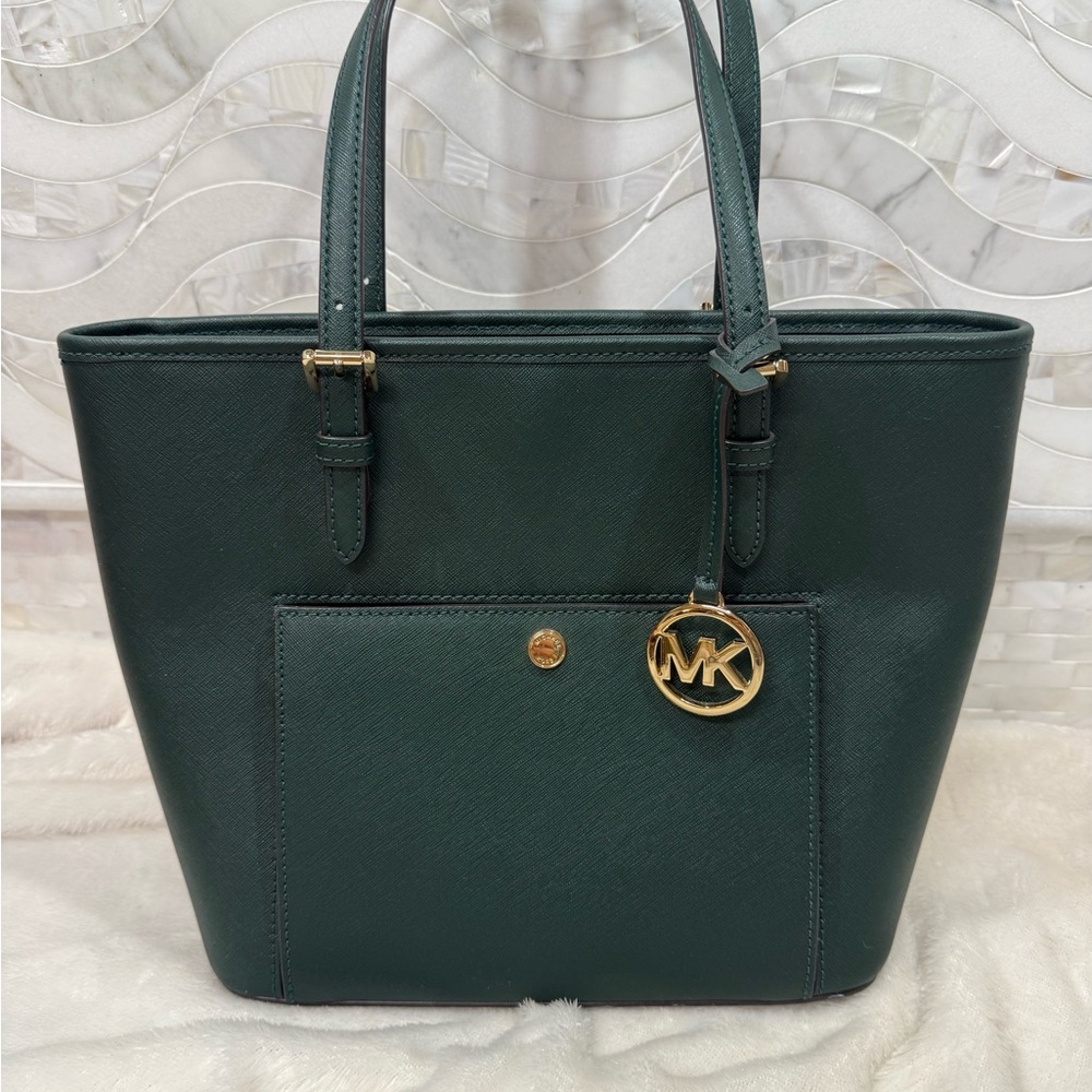 Michael Kors Dark Green Tote Bag with Gold Accents